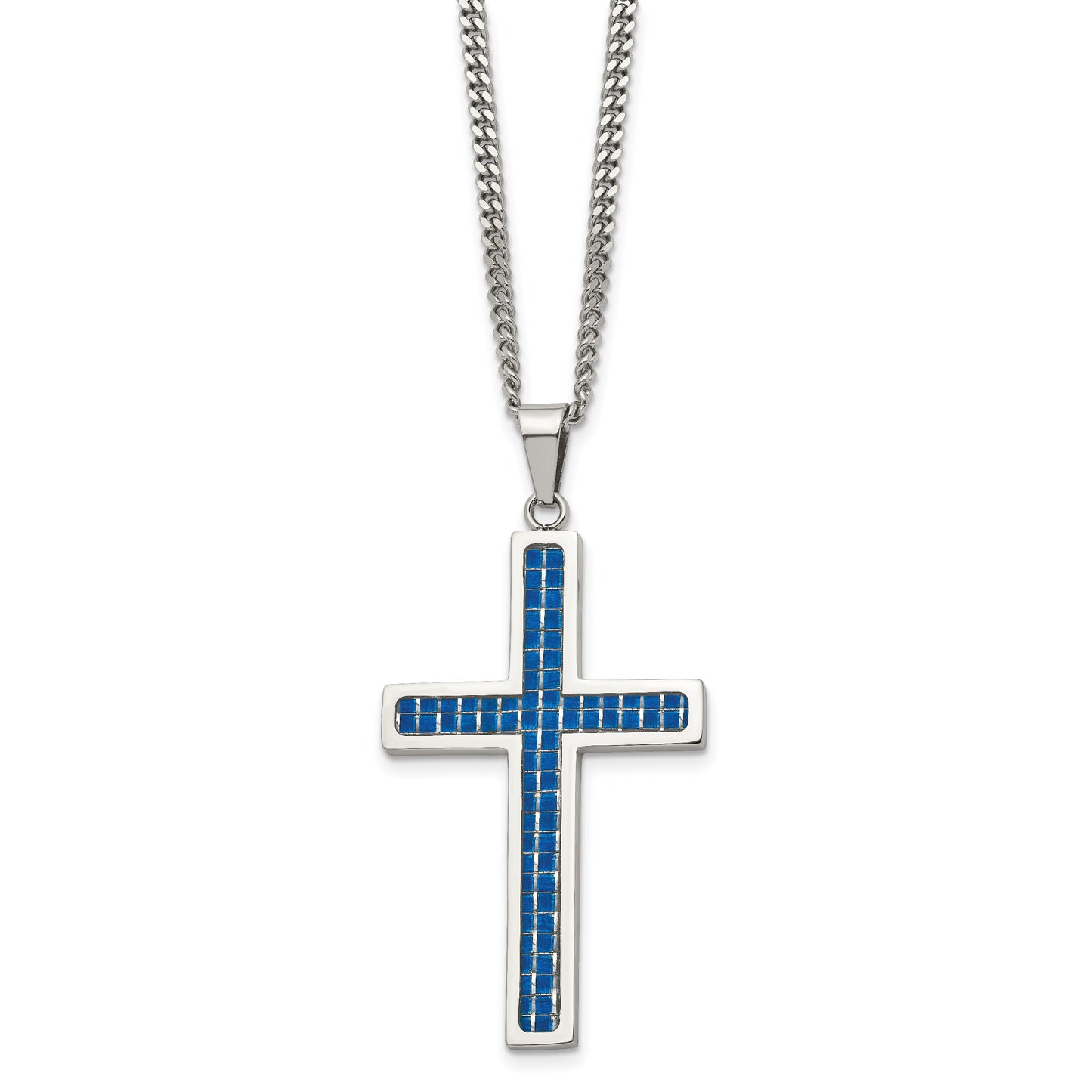 Stainless Steel Chisel Polished With Blue Carbon Fiber Inlay Cross Pendant On A 22 Inch Curb Chain Necklace