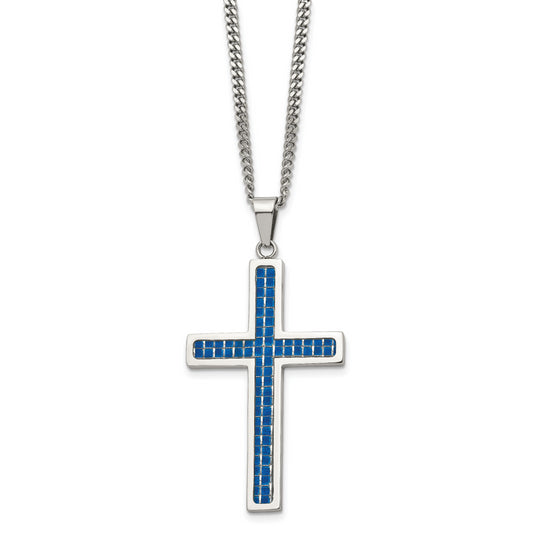 Stainless Steel Chisel Polished With Blue Carbon Fiber Inlay Cross Pendant On A 22 Inch Curb Chain Necklace