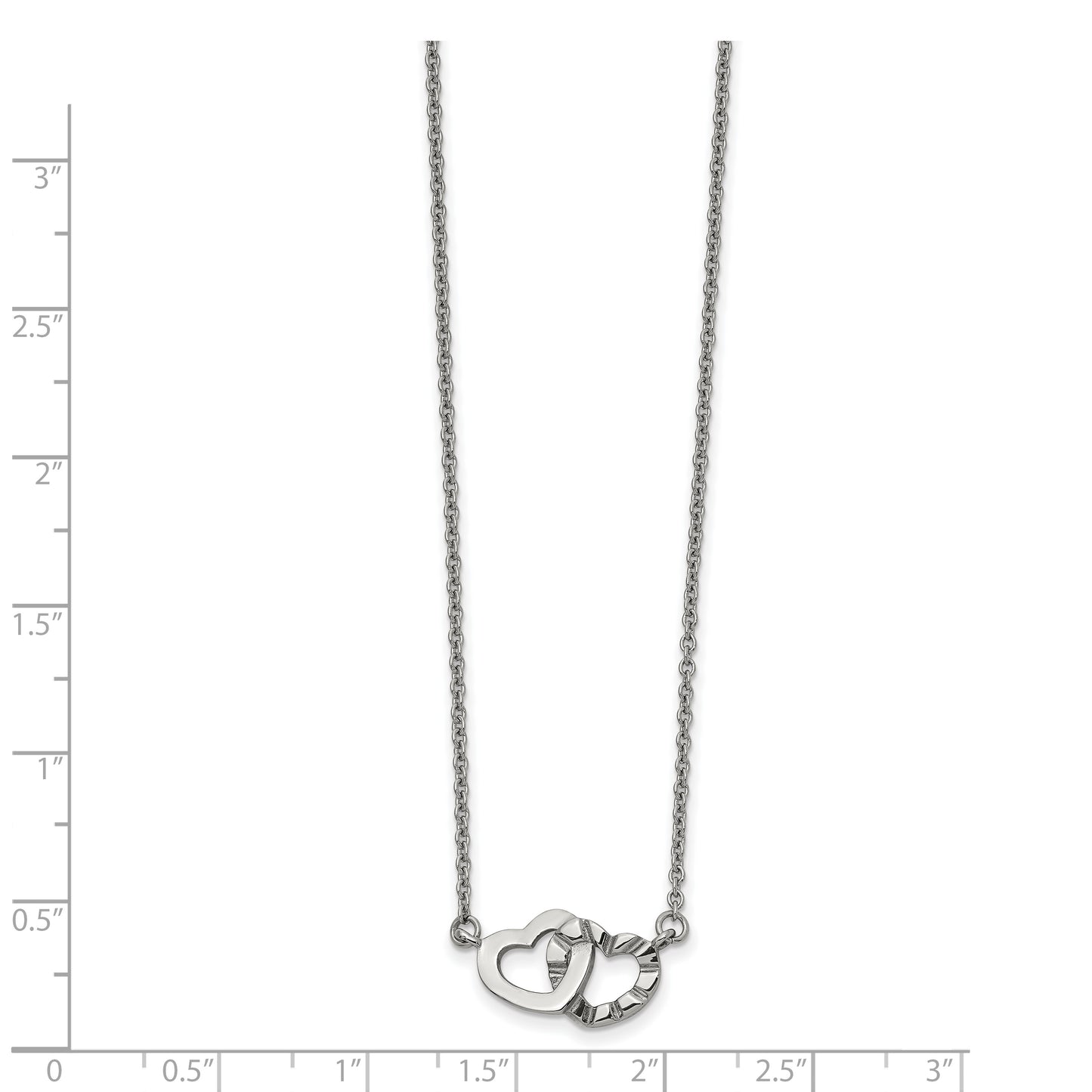 Stainless Steel Chisel Polished And Textured Interlocking Hearts On An 18 Inch Cable Chain Necklace