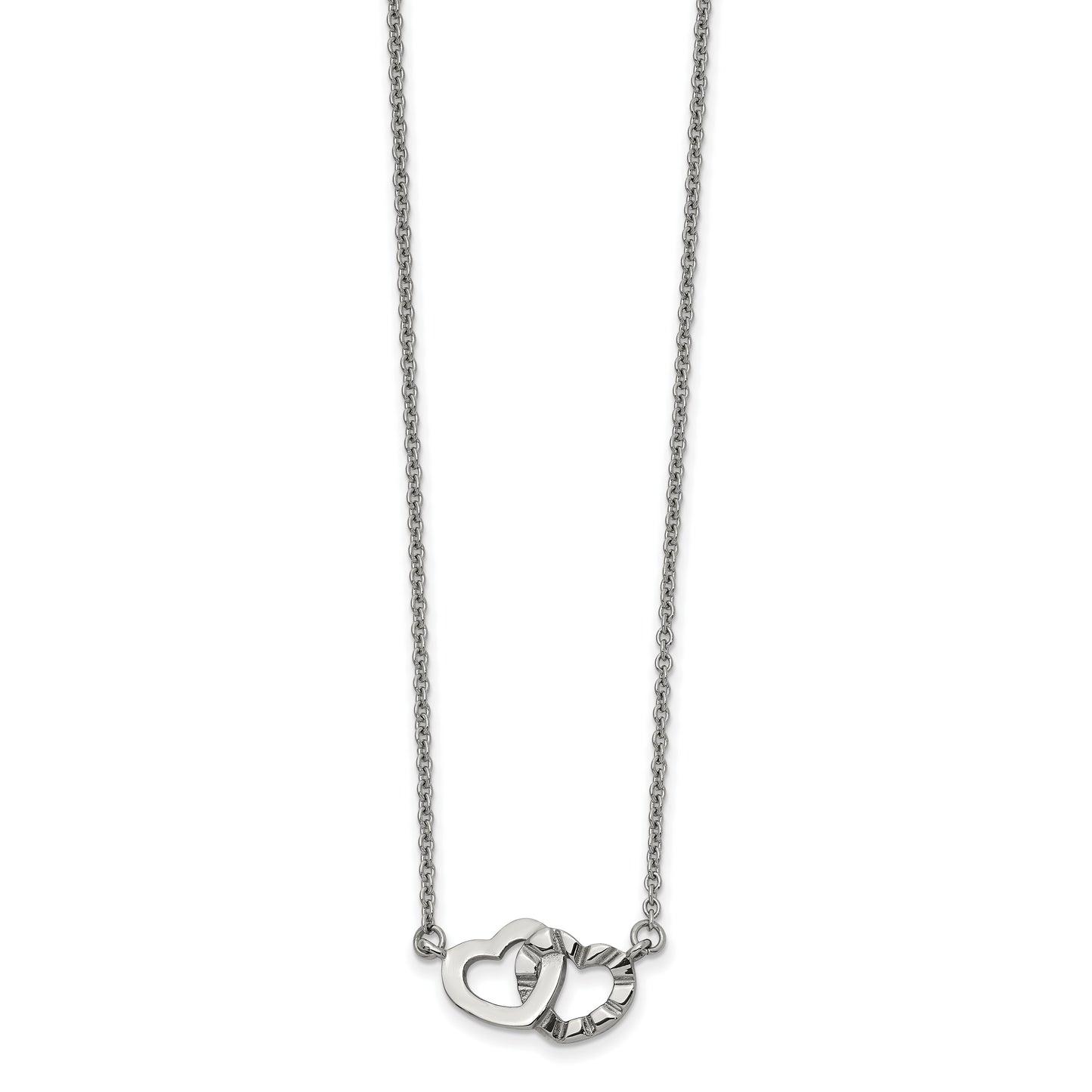 Stainless Steel Chisel Polished And Textured Interlocking Hearts On An 18 Inch Cable Chain Necklace