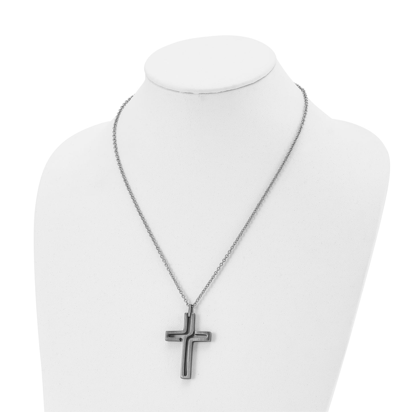 Stainless Steel Chisel Brushed And Antiqued Cut-Out Design Cross Pendant On A 20 Inch Cable Chain Necklace