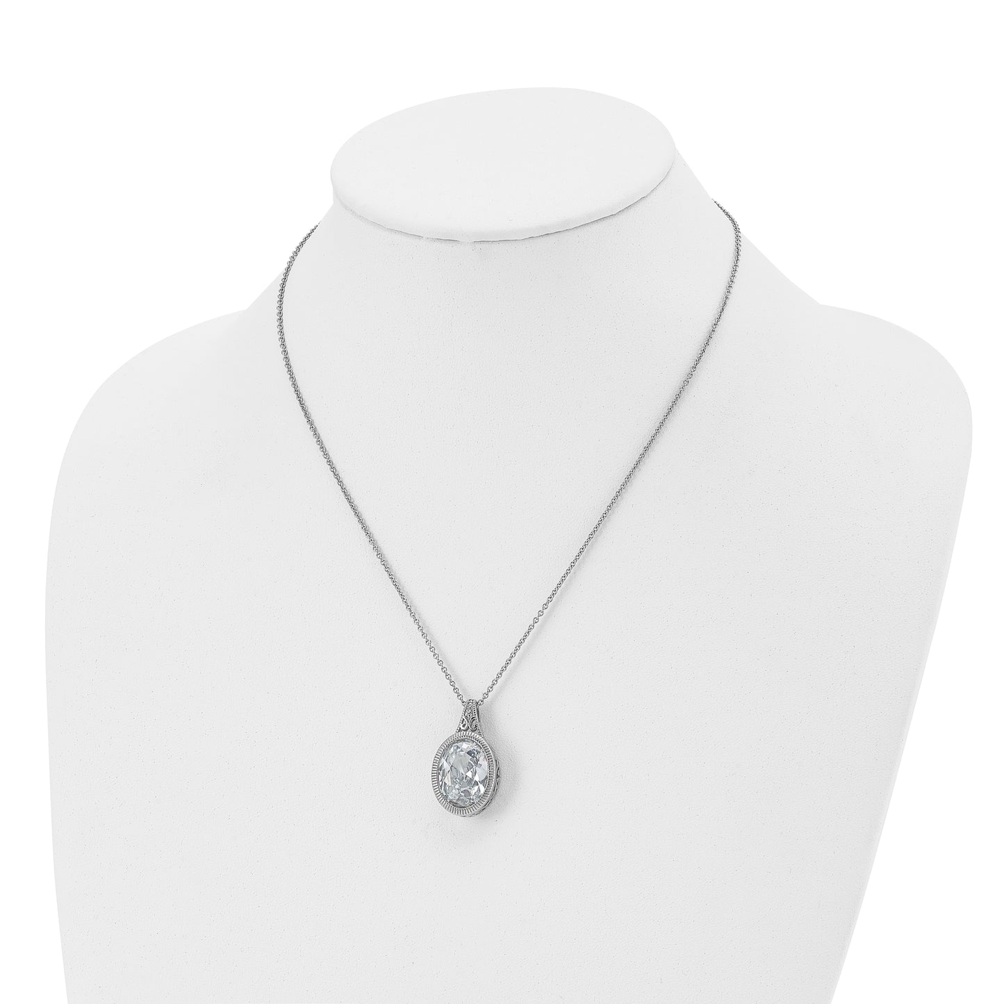 Stainless Steel Chisel Brushed And Polished Crystal Oval Pendant On An 18 Inch Cable Chain Necklace