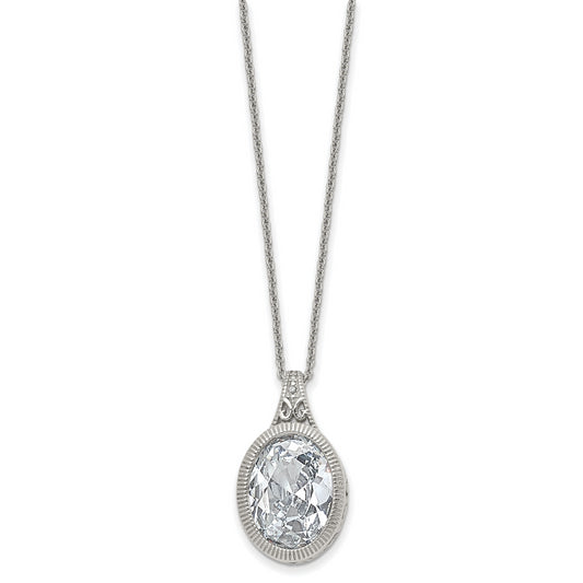 Stainless Steel Chisel Brushed And Polished Crystal Oval Pendant On An 18 Inch Cable Chain Necklace