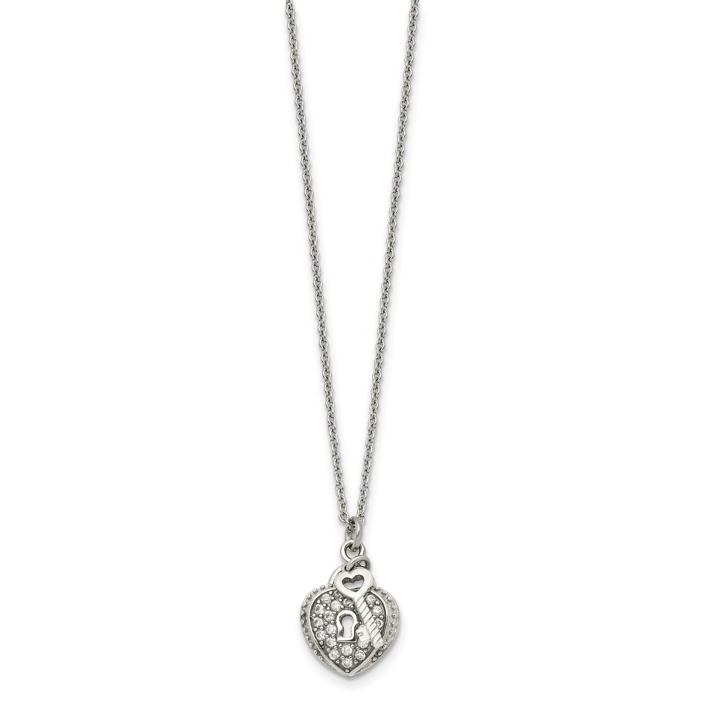 Stainless Steel Chisel Polished Cz Heart Lock And Key 2-Piece Moveable Pendant On An 18 Inch Cable Chain Necklace