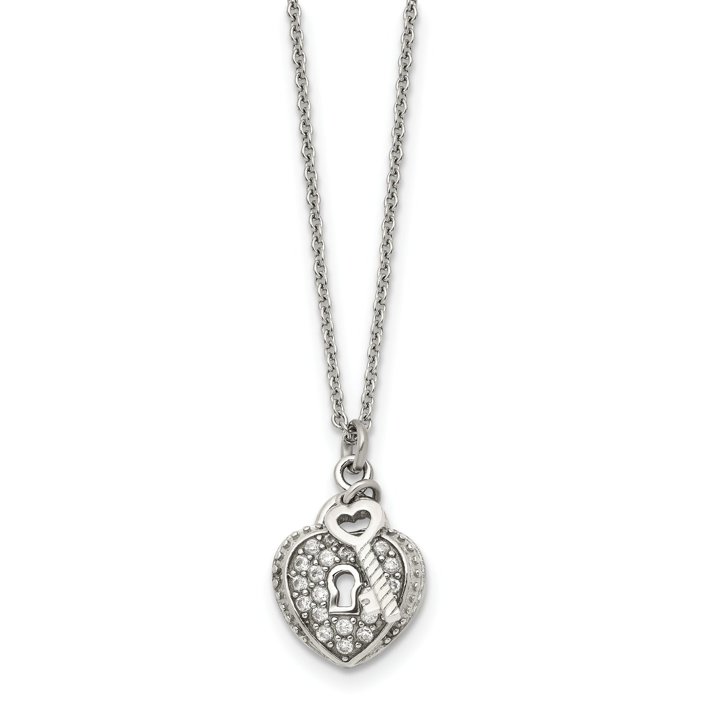 Stainless Steel Chisel Polished Cz Heart Lock And Key 2-Piece Moveable Pendant On An 18 Inch Cable Chain Necklace