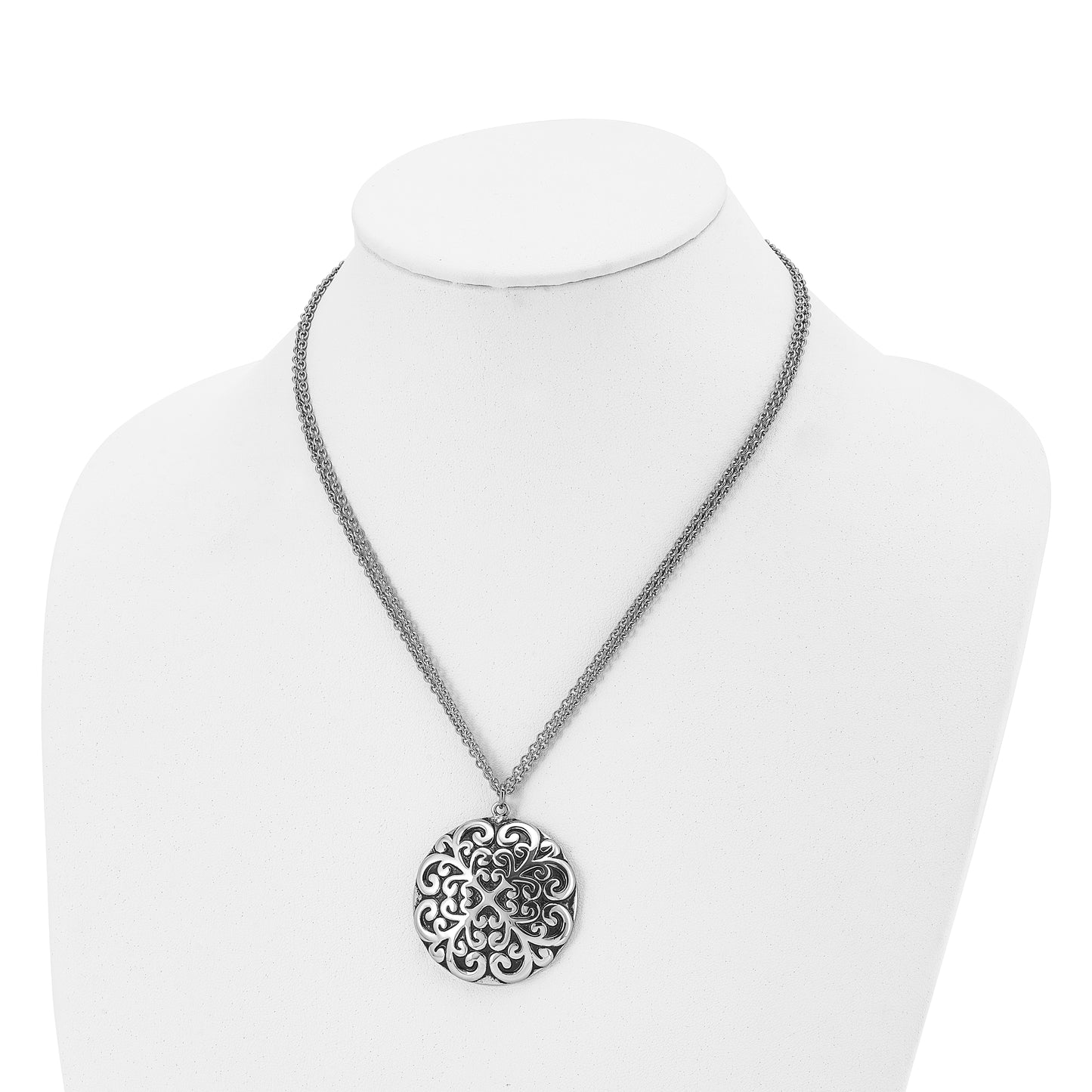 Stainless Steel Chisel Antiqued And Polished Circle Pendant On An 18 Inch Multi-Strand Cable Chain Necklace