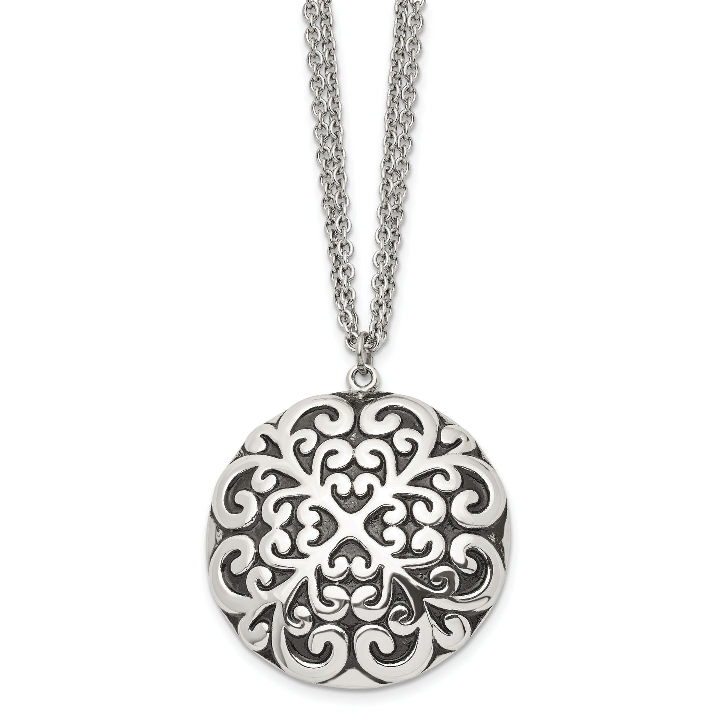 Stainless Steel Chisel Antiqued And Polished Circle Pendant On An 18 Inch Multi-Strand Cable Chain Necklace