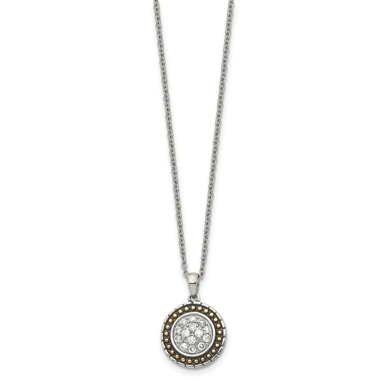 Stainless Steel Chisel Antiqued And Polished Yellow Ip-Plated With Cz Circle Pendant On An 18 Inch Cable Chain Necklace