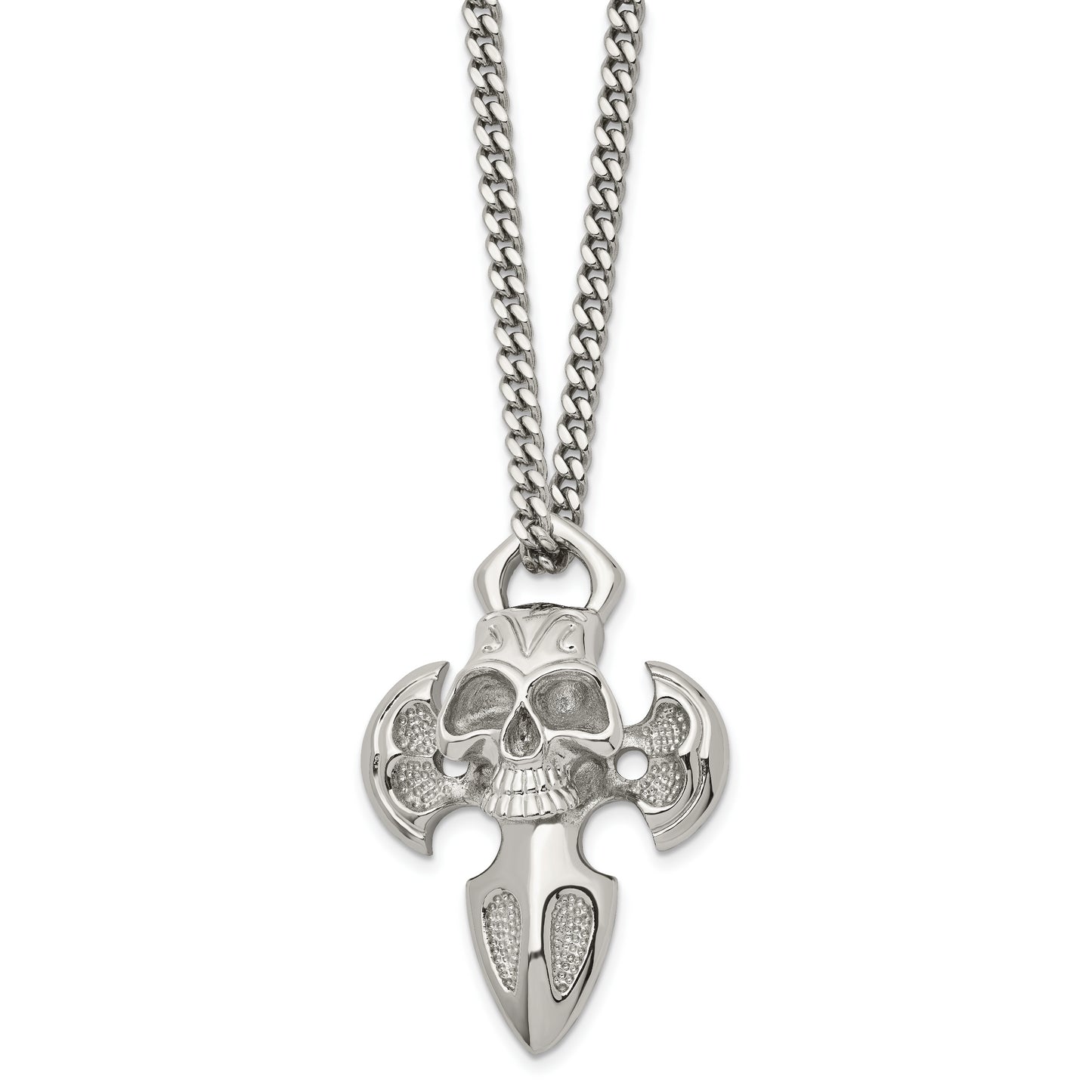 Stainless Steel Chisel Polished Cross With Skull Pendant On A 24 Inch Curb Chain Necklace