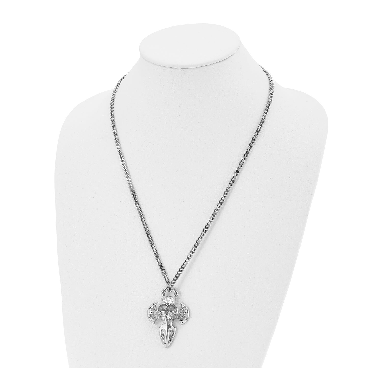 Stainless Steel Chisel Polished Cross With Skull Pendant On A 24 Inch Curb Chain Necklace