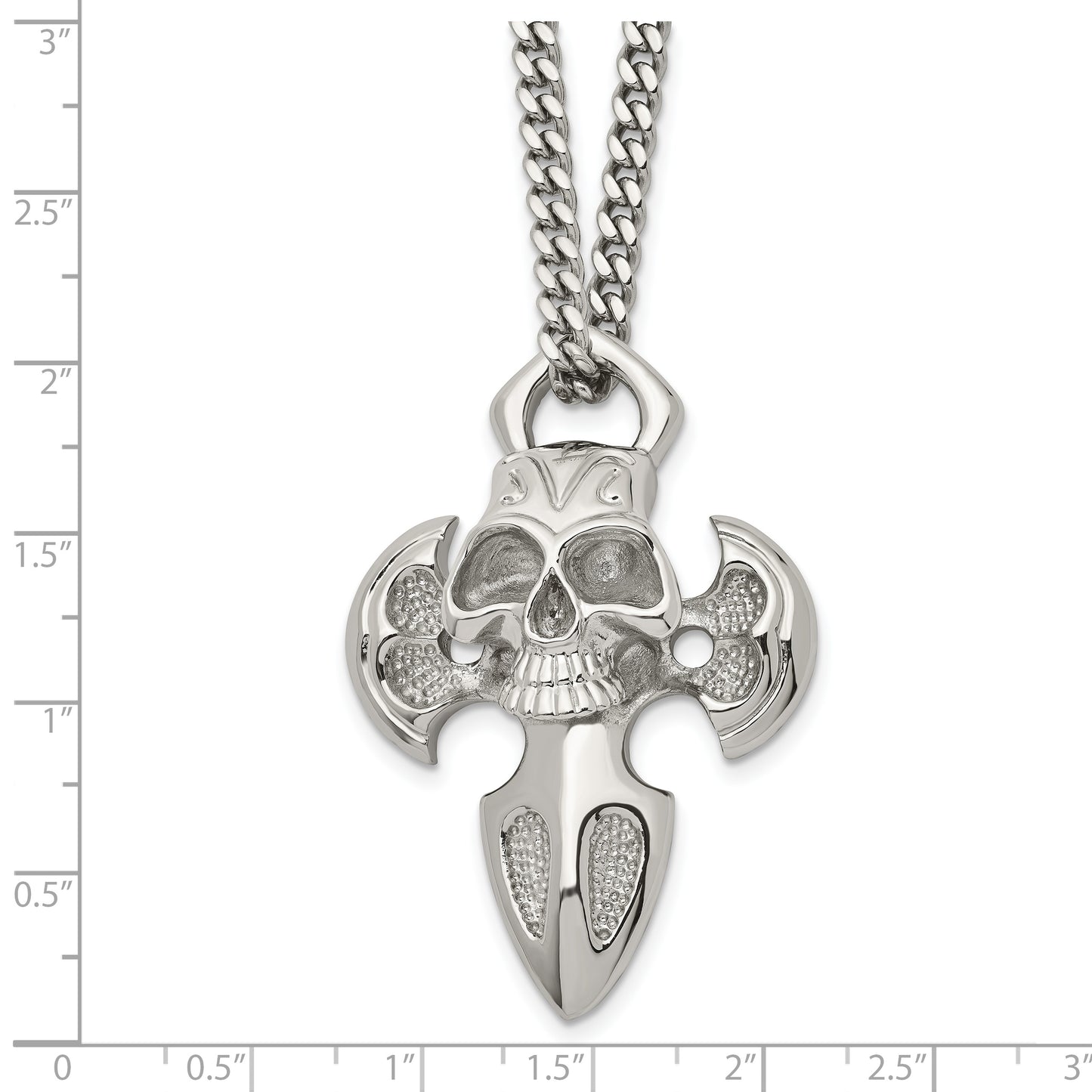 Stainless Steel Chisel Polished Cross With Skull Pendant On A 24 Inch Curb Chain Necklace