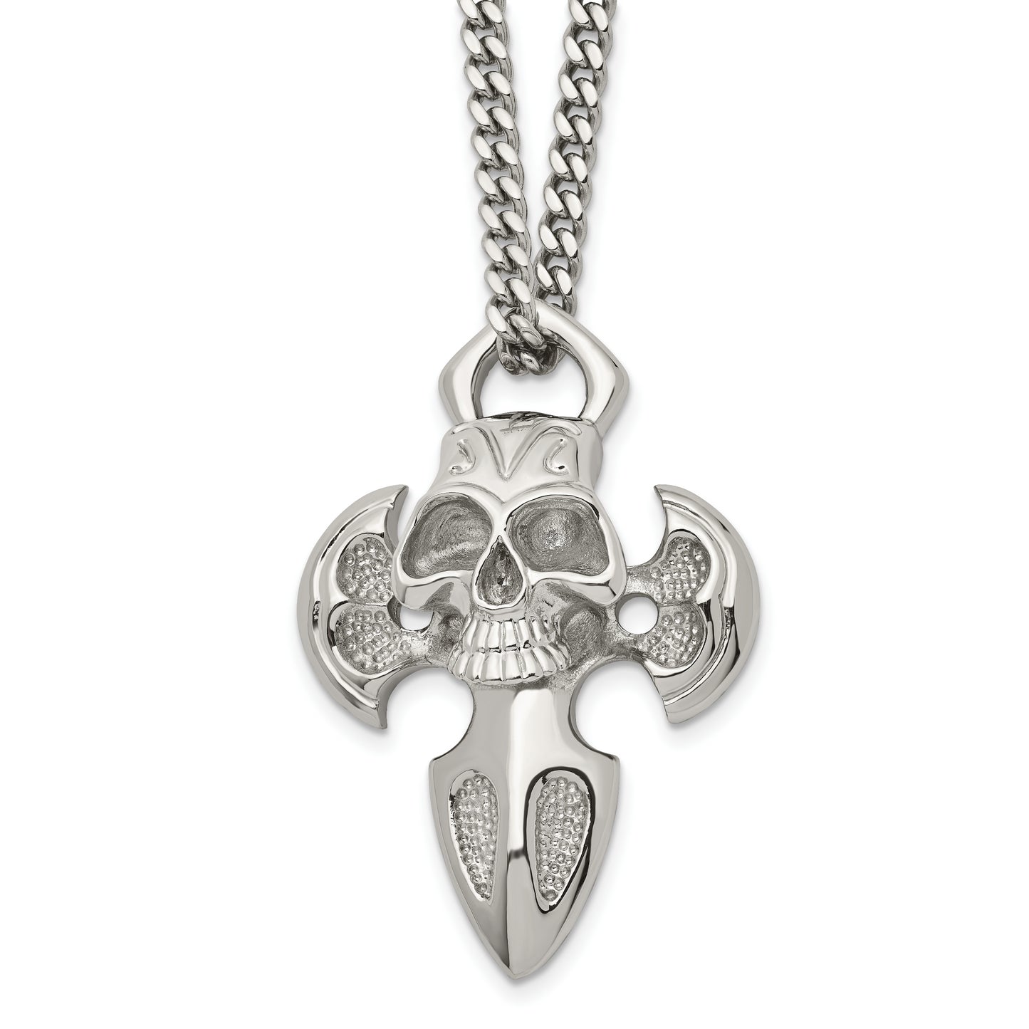 Stainless Steel Chisel Polished Cross With Skull Pendant On A 24 Inch Curb Chain Necklace