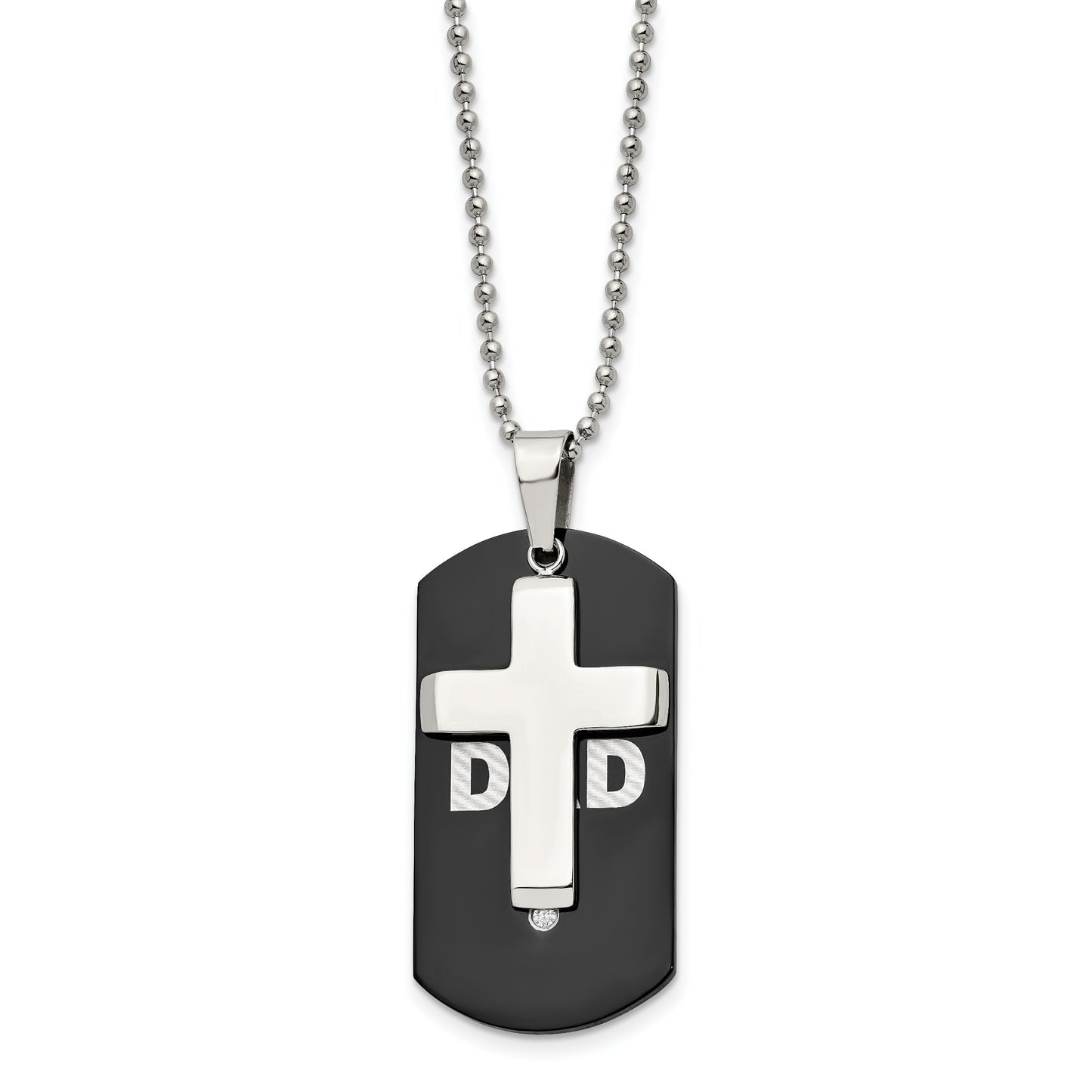 Stainless Steel Chisel Polished Black Ip-Plated With Cz Dad Dog Tag And Cross Pendant On A 22 Inch Ball Chain Necklace