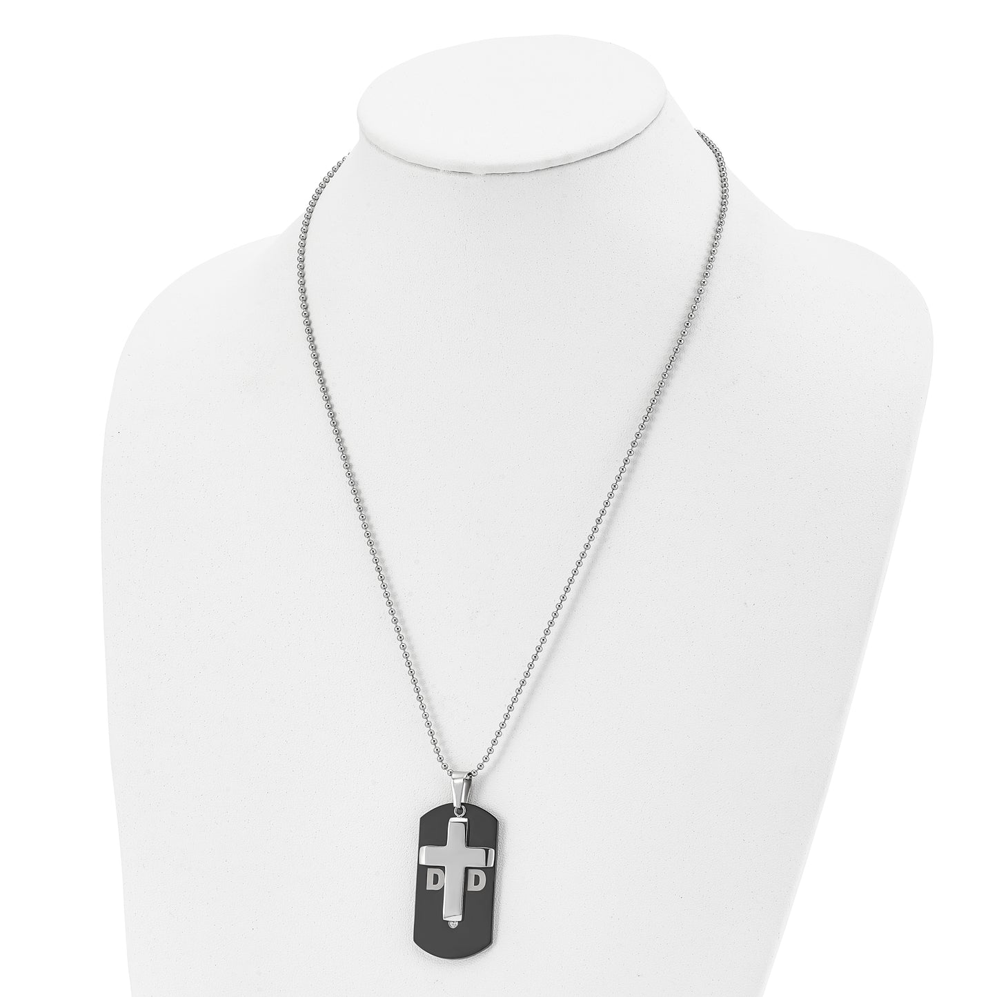 Stainless Steel Chisel Polished Black Ip-Plated With Cz Dad Dog Tag And Cross Pendant On A 22 Inch Ball Chain Necklace