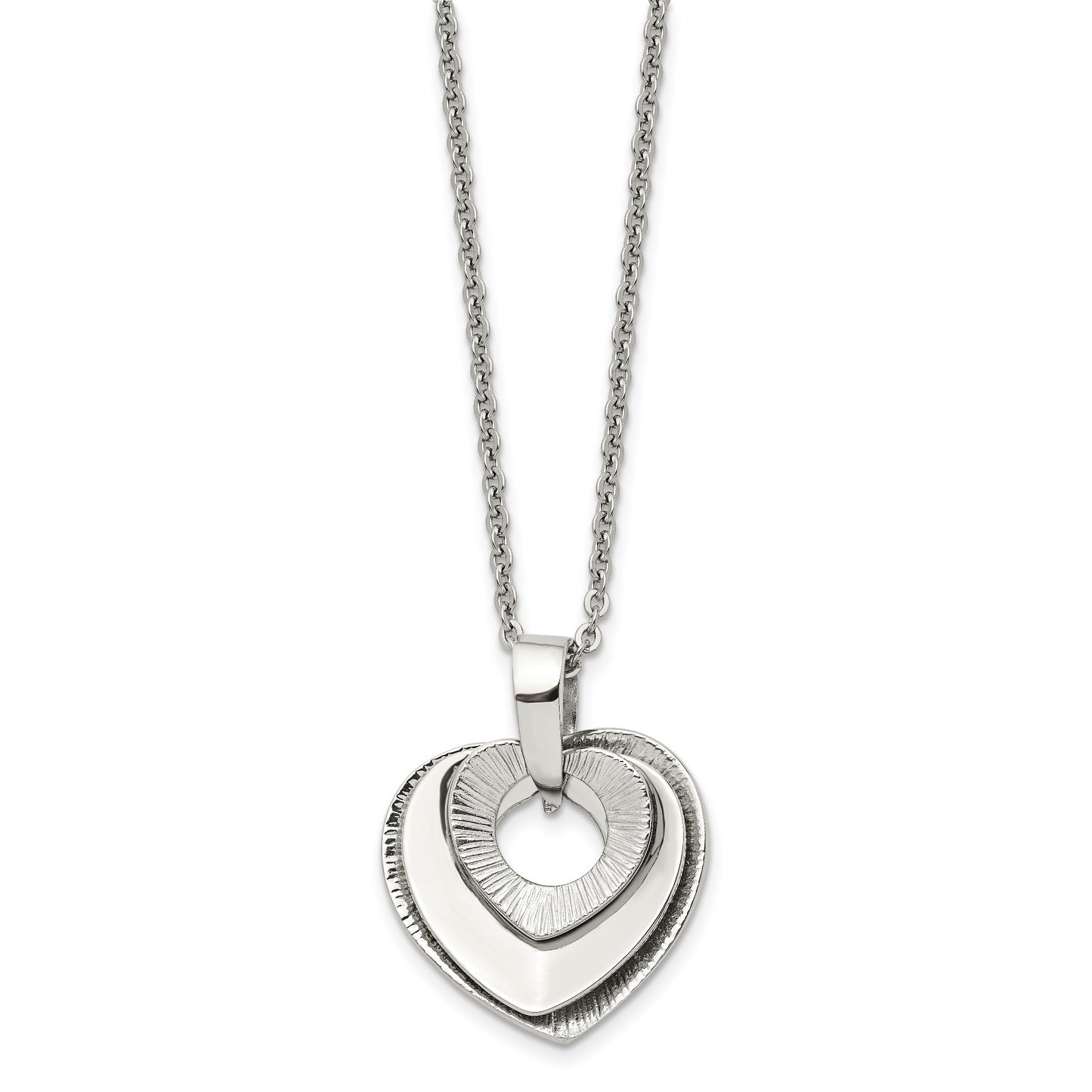 Stainless Steel Chisel Polished Three Piece Moveable Heart Pendant On A 20 Inch Cable Chain Necklace