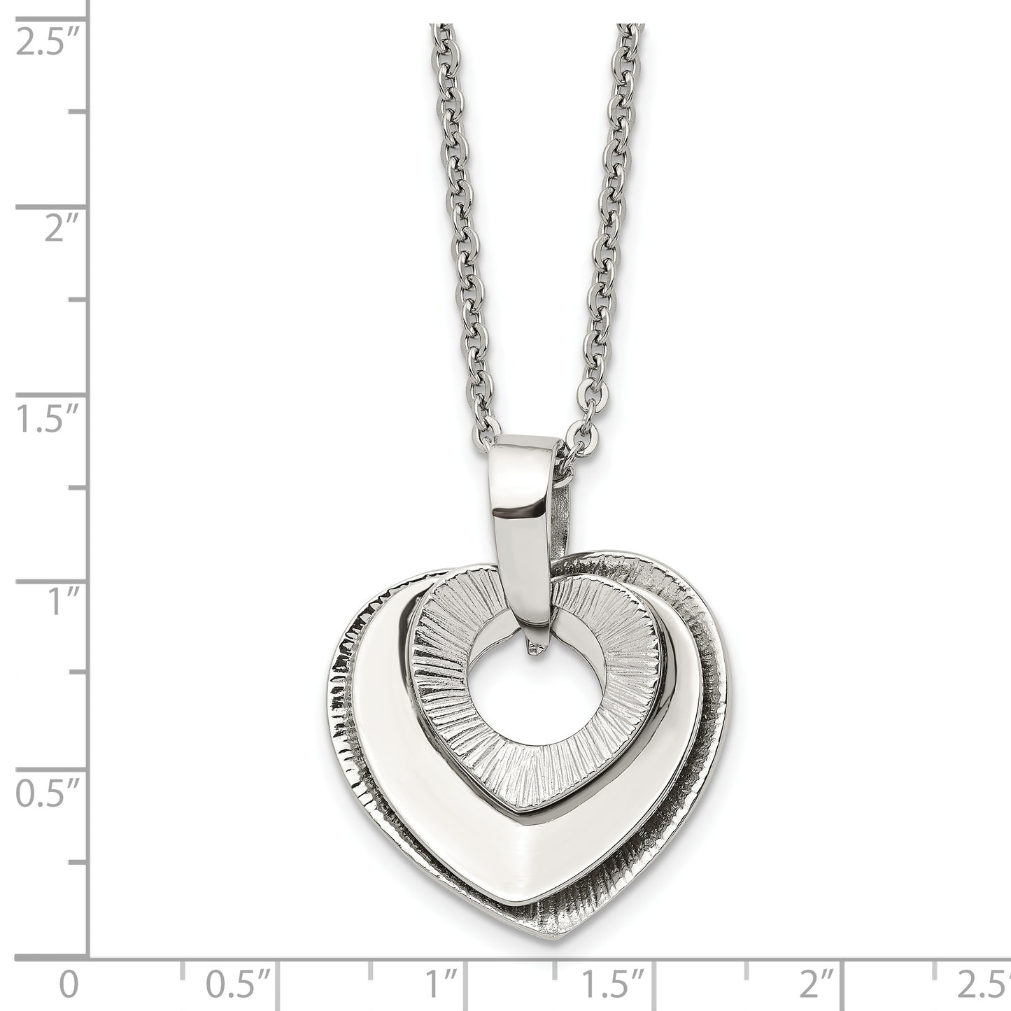 Stainless Steel Chisel Polished Three Piece Moveable Heart Pendant On A 20 Inch Cable Chain Necklace