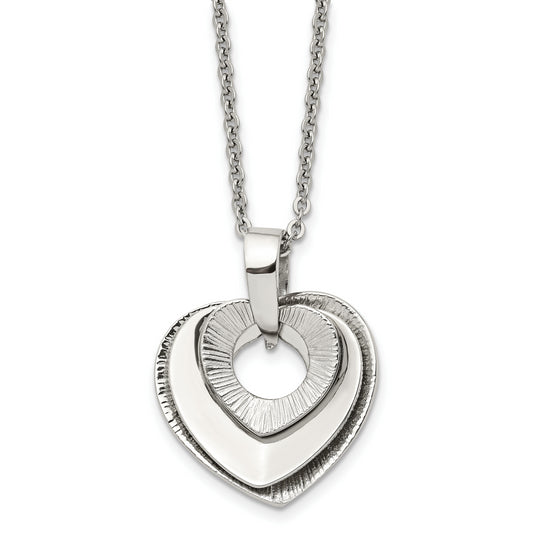 Stainless Steel Chisel Polished Three Piece Moveable Heart Pendant On A 20 Inch Cable Chain Necklace