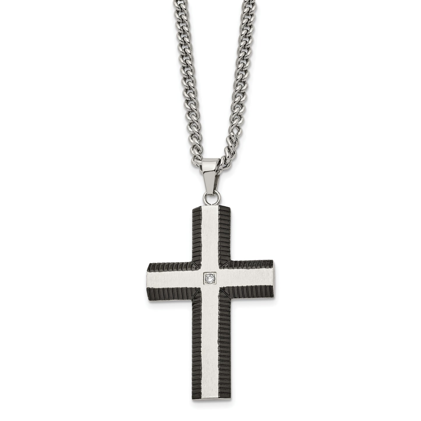 Stainless Steel Chisel Brushed And Polished Black Ip-Plated Edges With Cz Cross Pendant On A 22 Inch Curb Chain Necklace