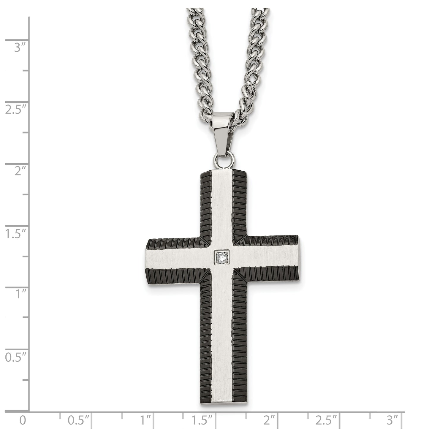 Stainless Steel Chisel Brushed And Polished Black Ip-Plated Edges With Cz Cross Pendant On A 22 Inch Curb Chain Necklace