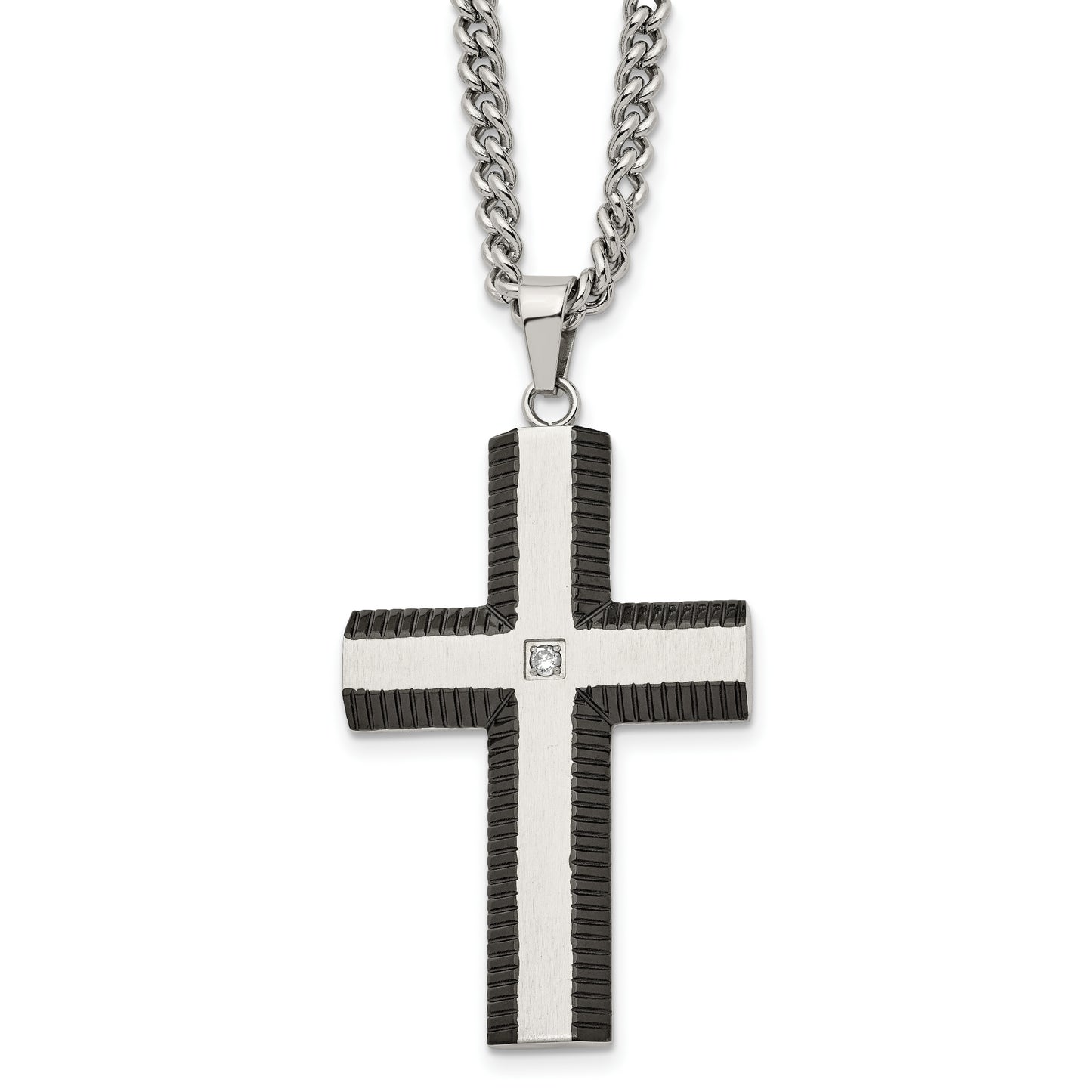 Stainless Steel Chisel Brushed And Polished Black Ip-Plated Edges With Cz Cross Pendant On A 22 Inch Curb Chain Necklace