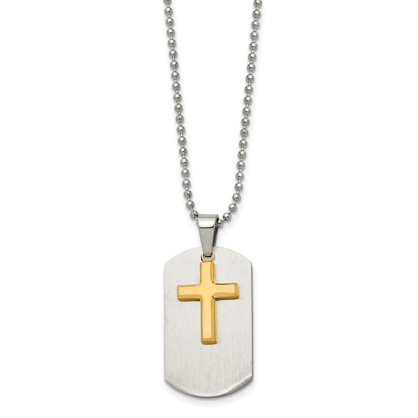 Stainless Steel Chisel Brushed And Polished Yellow Ip-Plated 2 Piece Cross Dog Tag On A 22 Inch Ball Chain Necklace