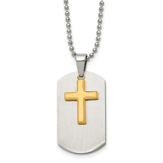 Stainless Steel Chisel Brushed And Polished Yellow Ip-Plated 2 Piece Cross Dog Tag On A 22 Inch Ball Chain Necklace