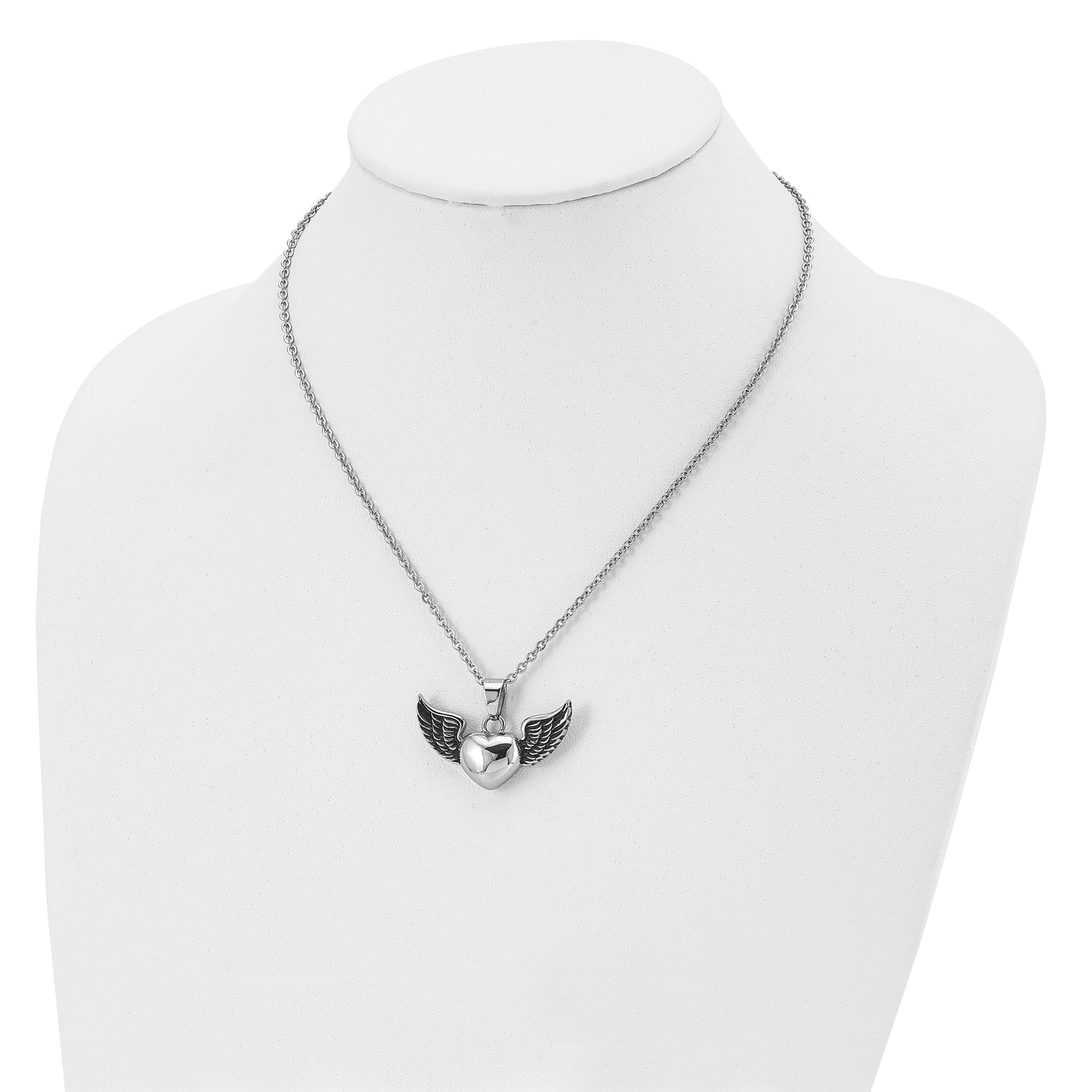 Stainless Steel Chisel Antiqued And Polished Heart With Wings Pendant On An 18 Inch Cable Chain Necklace