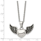 Stainless Steel Chisel Antiqued And Polished Heart With Wings Pendant On An 18 Inch Cable Chain Necklace