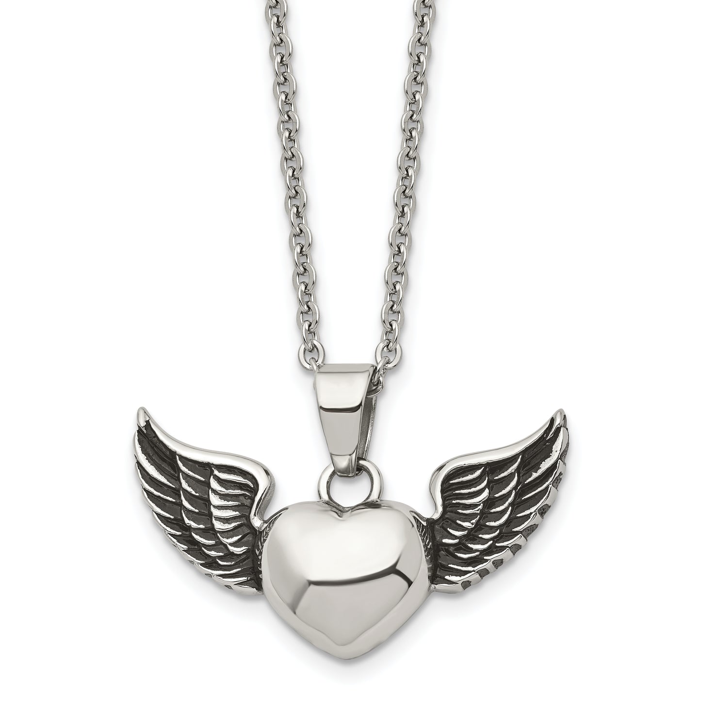 Stainless Steel Chisel Antiqued And Polished Heart With Wings Pendant On An 18 Inch Cable Chain Necklace