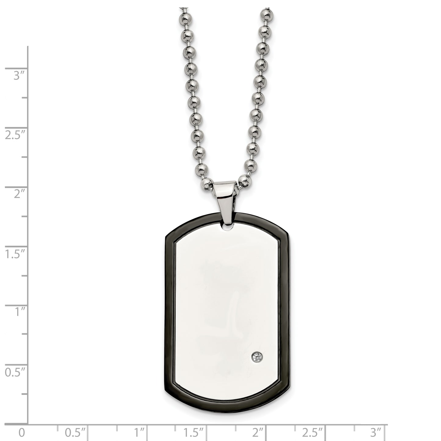 Stainless Steel Chisel Polished Black Ip-Plated With Cz Dog Tag On A 22 Inch Ball Chain Necklace