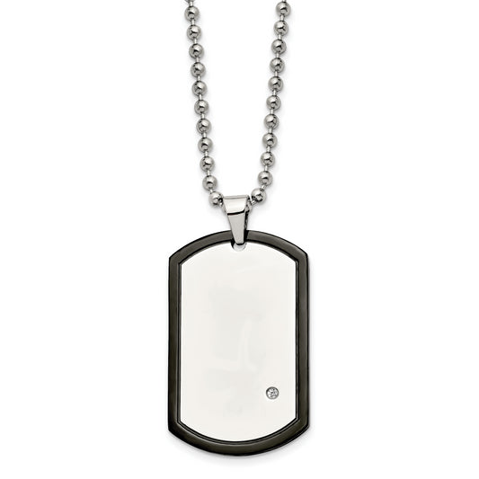 Stainless Steel Chisel Polished Black Ip-Plated With Cz Dog Tag On A 22 Inch Ball Chain Necklace