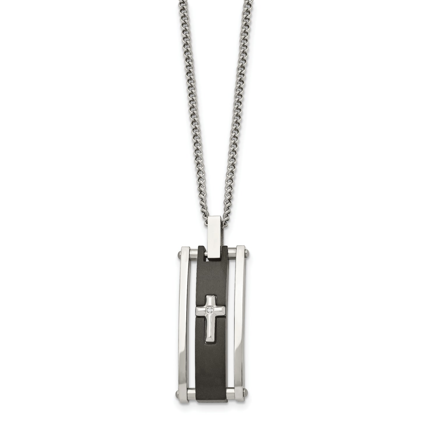 Stainless Steel Chisel Polished Black Ip-Plated With Cz Cross Pendant On A 22 Inch Curb Chain Necklace