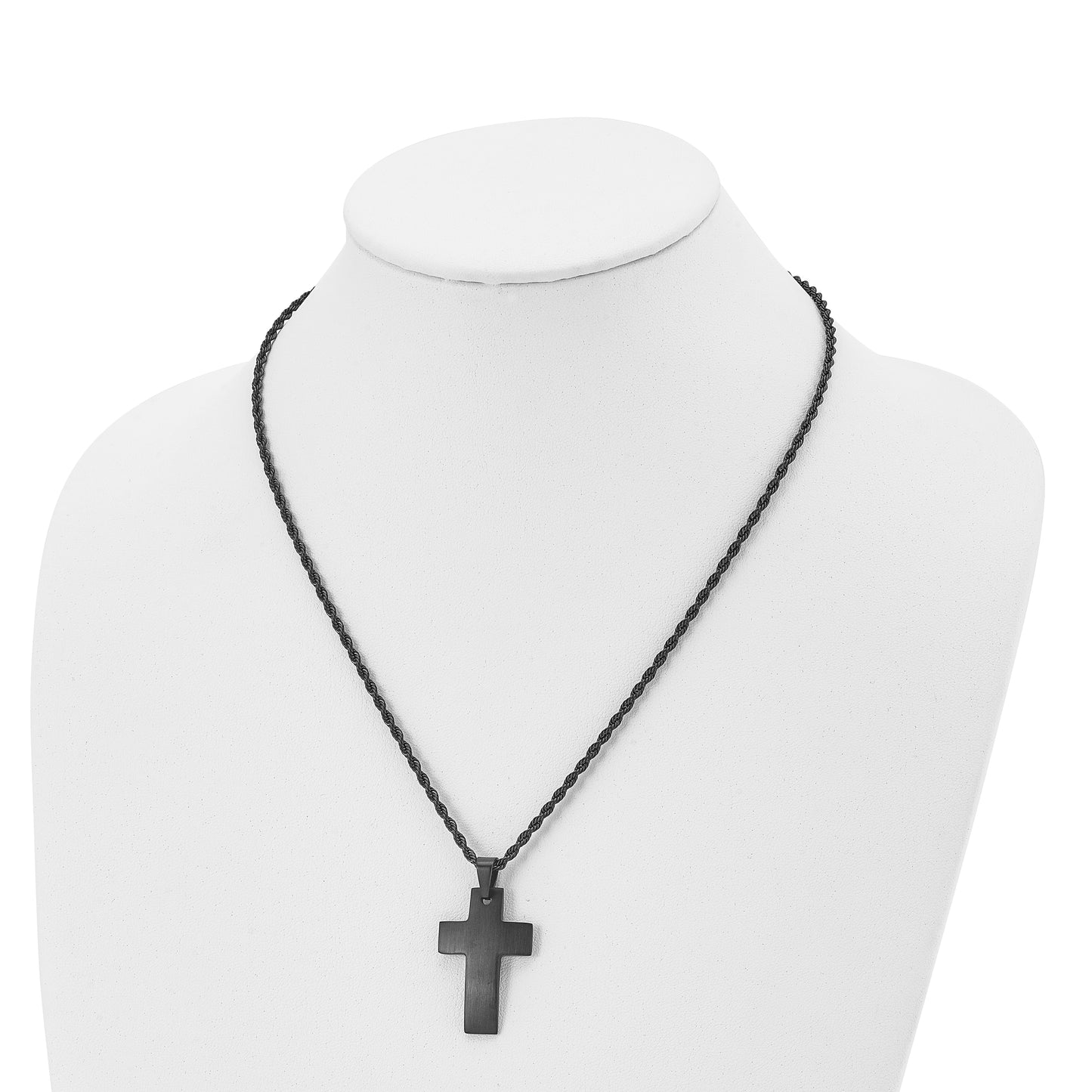 Stainless Steel Chisel Brushed Black Ip-Plated Cross Pendant On A 20 Inch Rope Chain Necklace