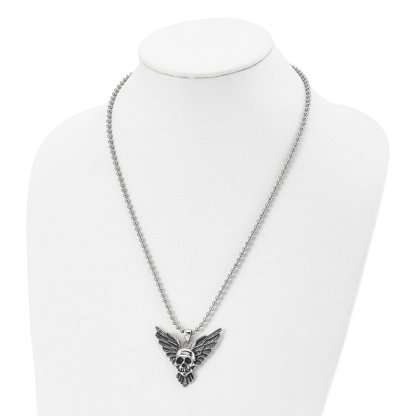 Stainless Steel Chisel Antiqued And Polished Skull With Wings Pendant On A 22 Inch Ball Chain Necklace