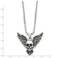 Stainless Steel Chisel Antiqued And Polished Skull With Wings Pendant On A 22 Inch Ball Chain Necklace