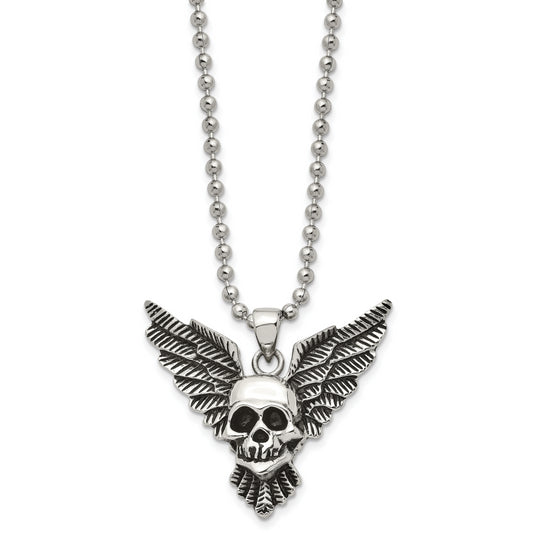 Stainless Steel Chisel Antiqued And Polished Skull With Wings Pendant On A 22 Inch Ball Chain Necklace