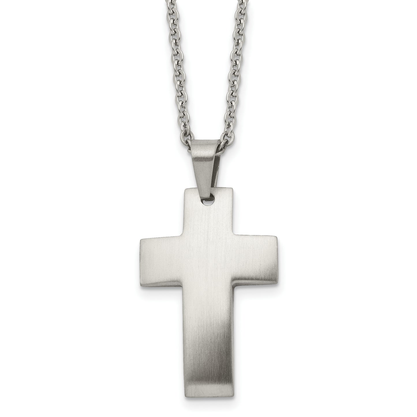 Stainless Steel Chisel Brushed Cross Pendant On A 20 Inch Cable Chain Necklace