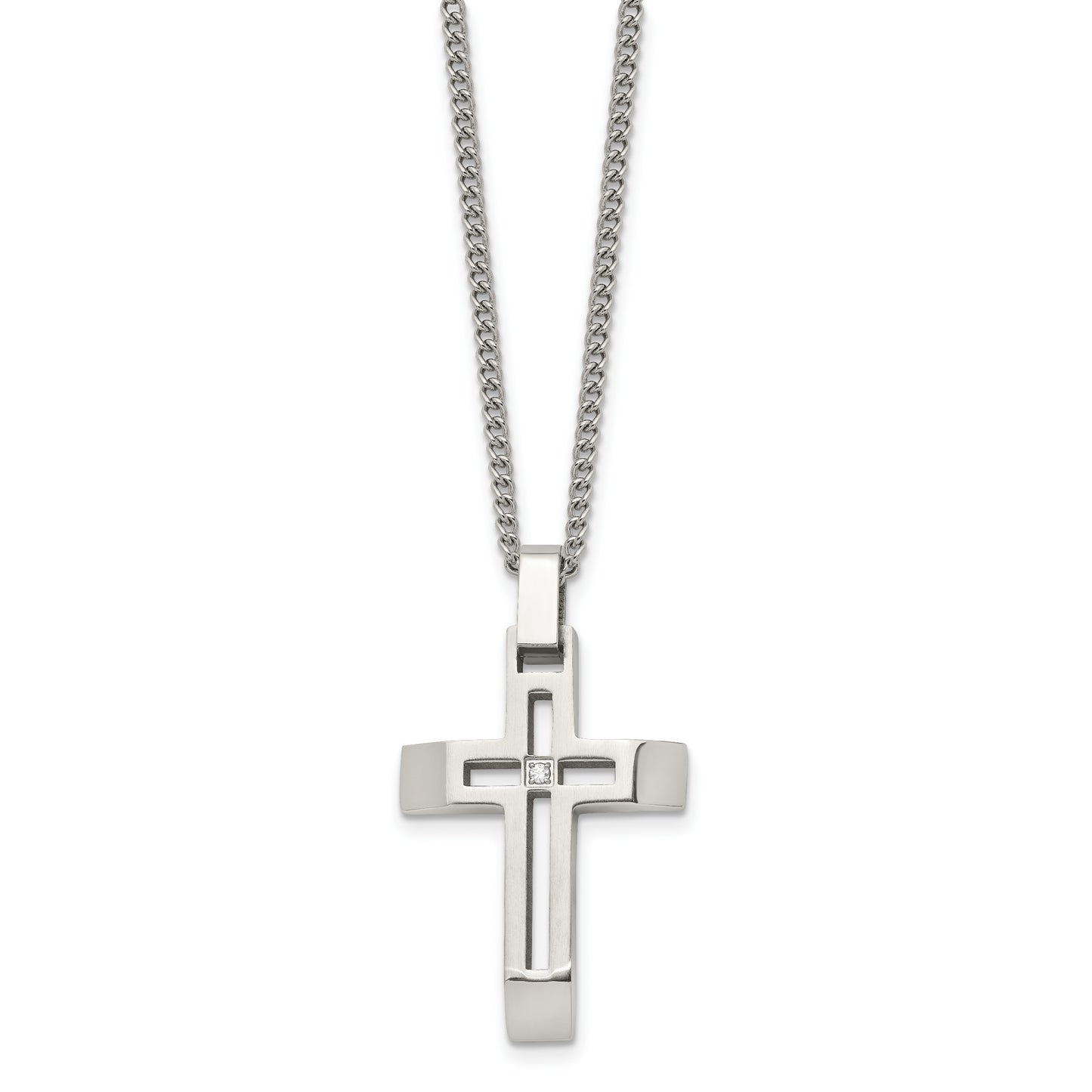 Stainless Steel Chisel Brushed And Polished With Cz Open Cross Pendant On A 22 Inch Cable Chain Necklace