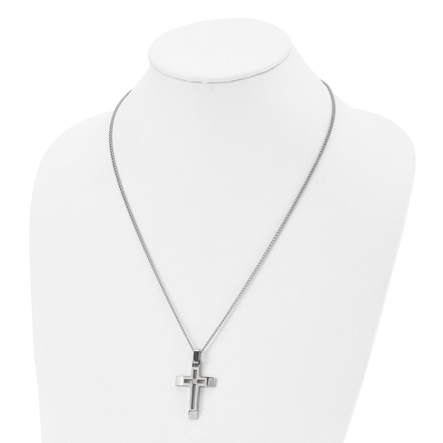 Stainless Steel Chisel Brushed And Polished With Cz Open Cross Pendant On A 22 Inch Cable Chain Necklace