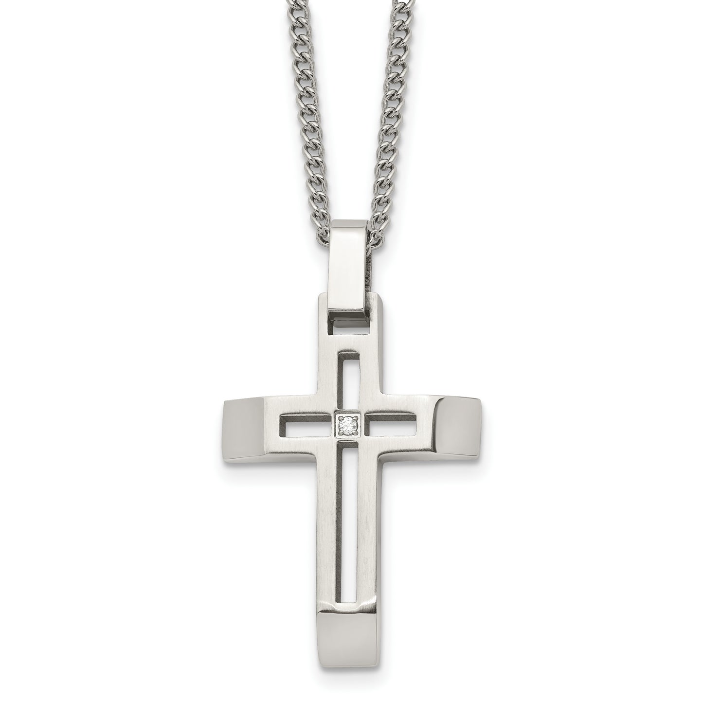 Stainless Steel Chisel Brushed And Polished With Cz Open Cross Pendant On A 22 Inch Cable Chain Necklace