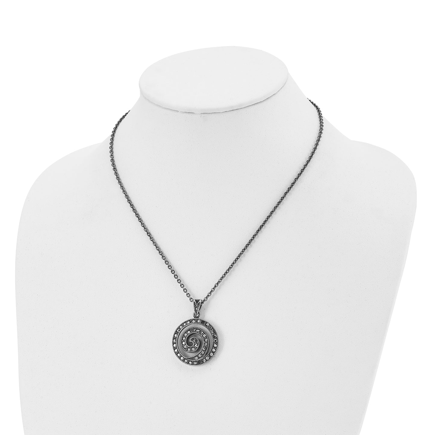 Stainless Steel Chisel Antiqued And Polished Marcasite Swirl Pendant On An 18 Inch Cable Chain Necklace