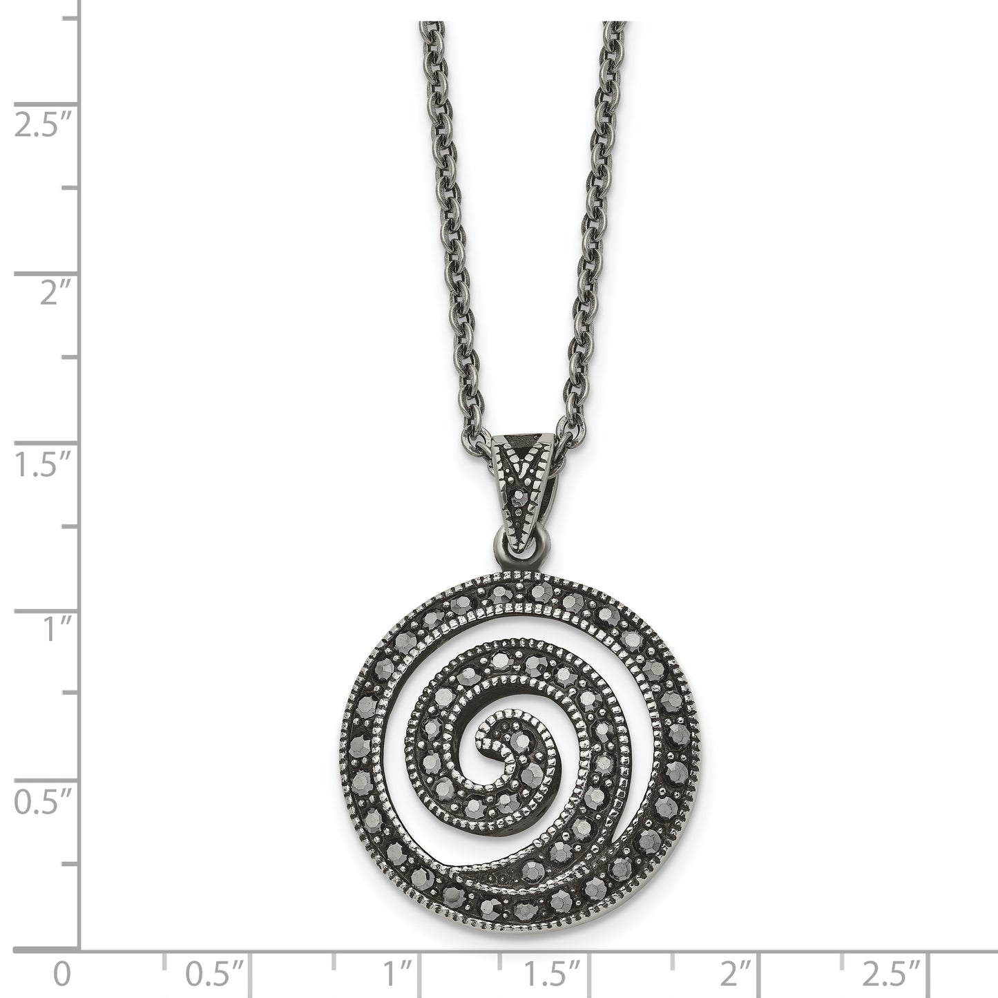 Stainless Steel Chisel Antiqued And Polished Marcasite Swirl Pendant On An 18 Inch Cable Chain Necklace