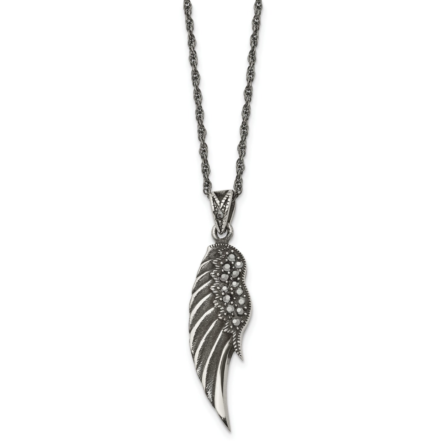 Stainless Steel Chisel Antiqued And Polished With Marcasite Wing Pendant On A 20 Inch Singapore Chain Necklace