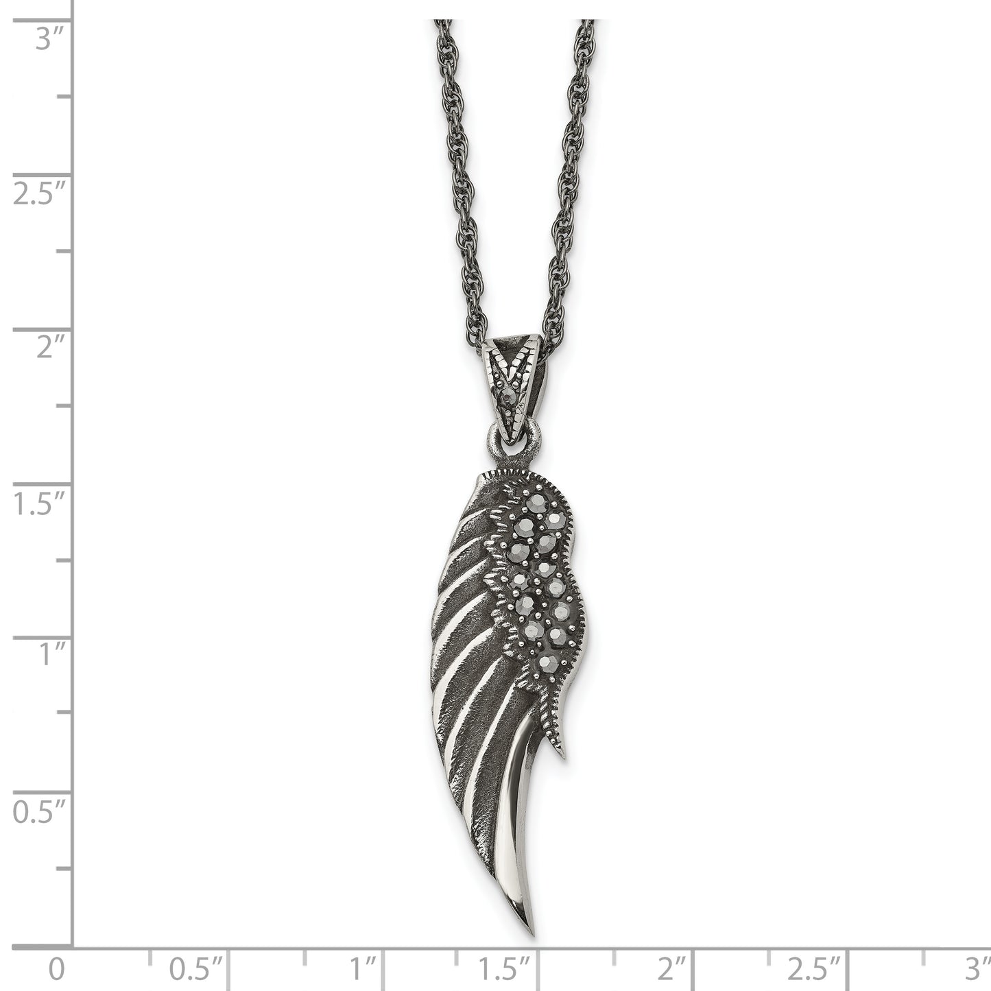 Stainless Steel Chisel Antiqued And Polished With Marcasite Wing Pendant On A 20 Inch Singapore Chain Necklace