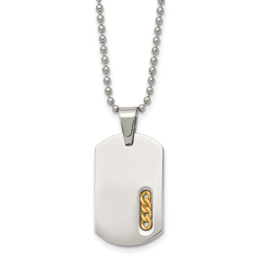 Stainless Steel Chisel Polished Yellow Ip-Plated Dog Tag On A 22 Inch Ball Chain Necklace