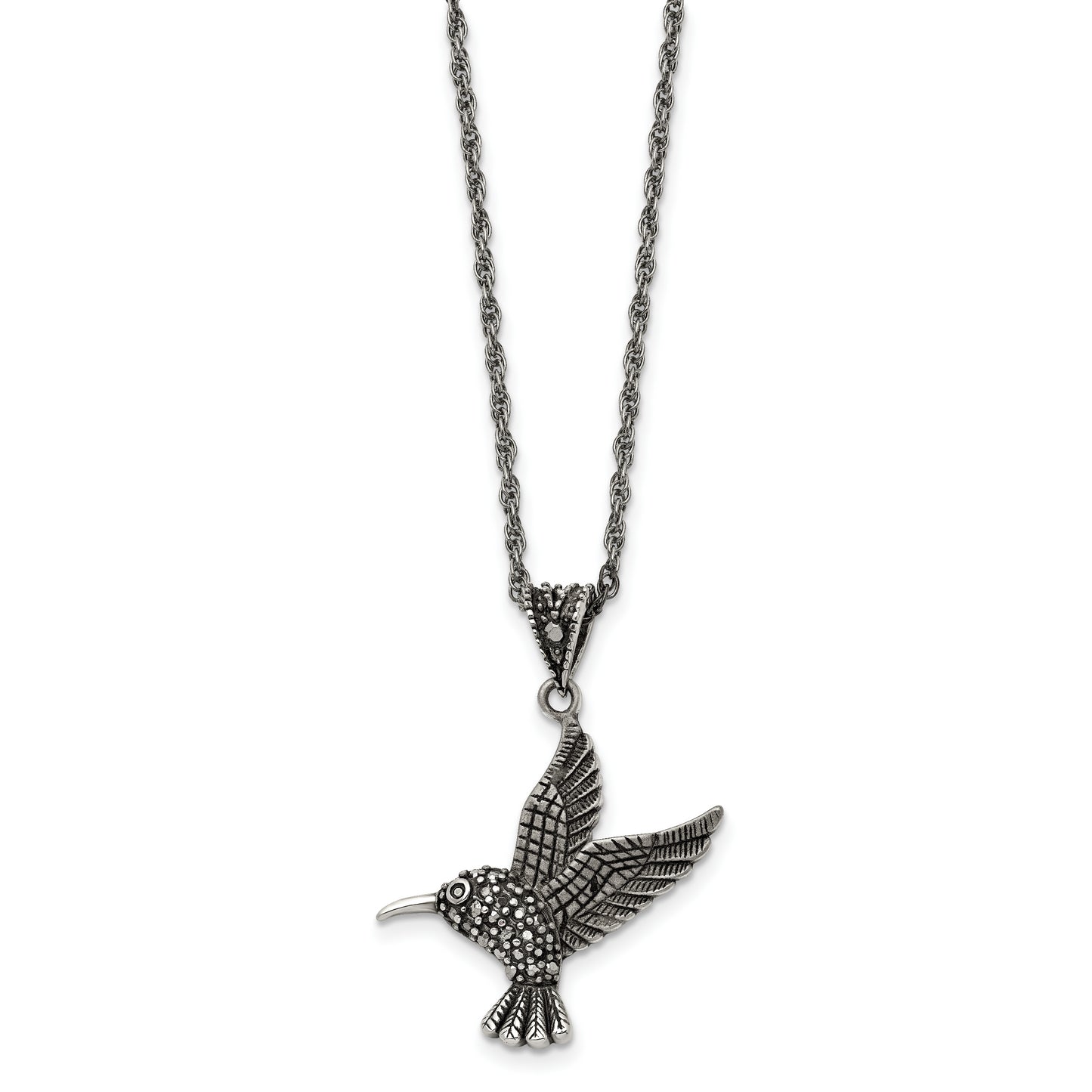 Stainless Steel Chisel Antiqued And Polished With Marcasite Hummingbird Pendant On An 18 Inch Singapore Chain Necklace