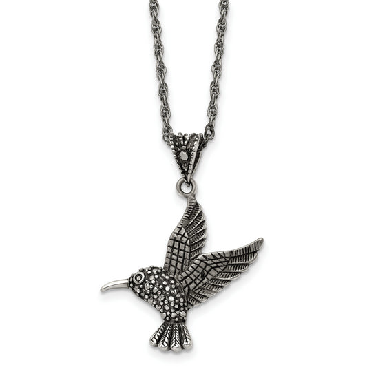 Stainless Steel Chisel Antiqued And Polished With Marcasite Hummingbird Pendant On An 18 Inch Singapore Chain Necklace