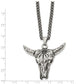 Stainless Steel Chisel Antiqued Polished And Textured Bull Skull Pendant On A 20 Inch Curb Chain Necklace