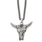 Stainless Steel Chisel Antiqued Polished And Textured Bull Skull Pendant On A 20 Inch Curb Chain Necklace