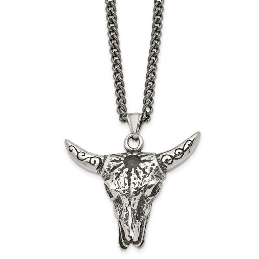 Stainless Steel Chisel Antiqued Polished And Textured Bull Skull Pendant On A 20 Inch Curb Chain Necklace